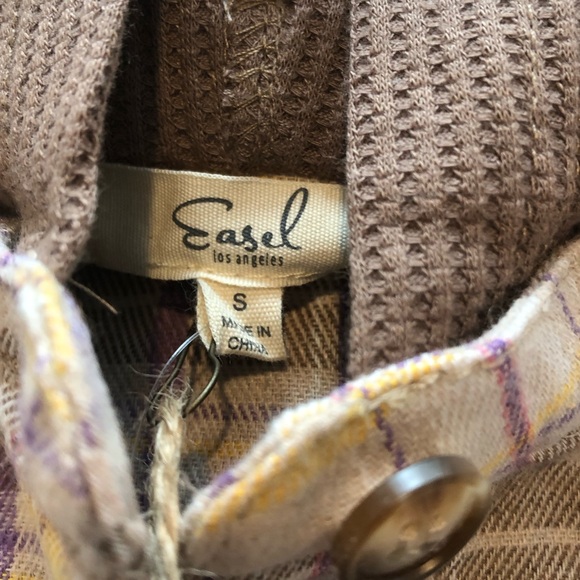 Easel Mix Plaid Button Down Oversized Thermal With Hood In Khaki. NWT! Sz S - Picture 7 of 11